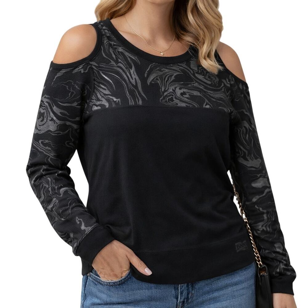 DKNY Jeans Women's XL Cold Shoulder Sweater Black Gray Swirl Pullover